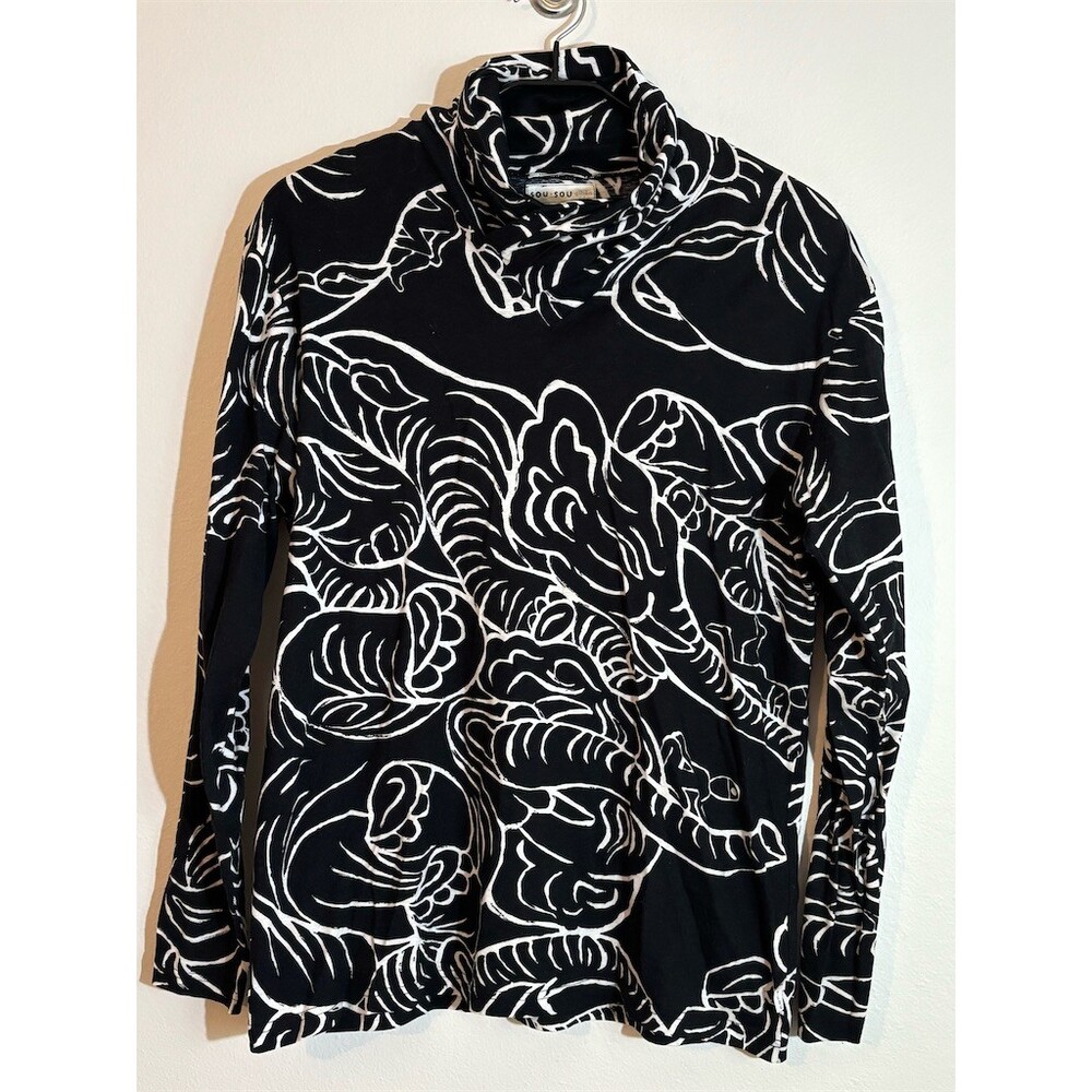 SOU・SOU Turtleneck Top Womens Size M Black & White Geometric Long Sleeve